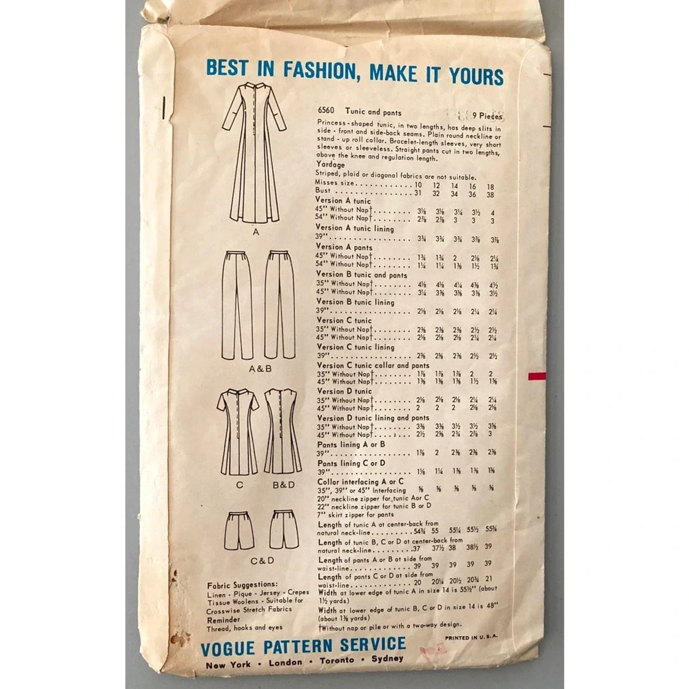 Vogue 6560 Pattern Mod Princess-shape Tunic Pants Misses Sz 10 Bust 31 Uncut 60s